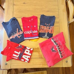 Lot of 5 Washington Capitals Tops: 4 VGUC Kids Tshirts & 1 NWT Womens Hoodie